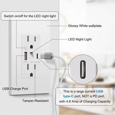 Plastic USB Power Outlets 15A 125V Power Outlet With Night Light
