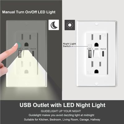 Plastic USB Power Outlets 15A 125V Power Outlet With Night Light