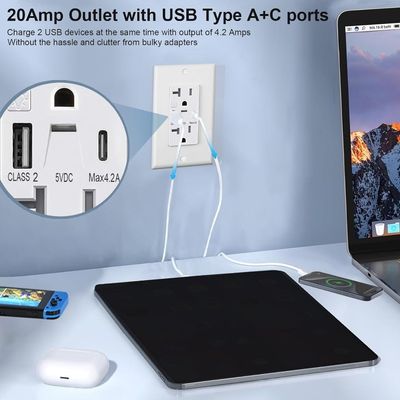 Warm White Night Light USB Outlet 20A 125V 60Hz 5V 4.2A Outlet With Night Light And USB