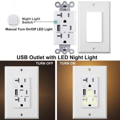 Warm White Night Light USB Outlet 20A 125V 60Hz 5V 4.2A Outlet With Night Light And USB