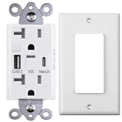Warm White Night Light USB Outlet 20A 125V 60Hz 5V 4.2A Outlet With Night Light And USB