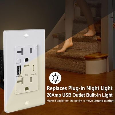 Warm White Night Light USB Outlet 20A 125V 60Hz 5V 4.2A Outlet With Night Light And USB