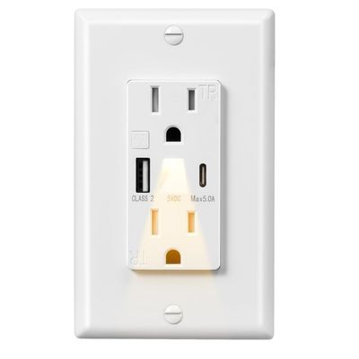 Tamper Resistant Type C USB Outlet 15A Wall Outlet With Night Light 0.2W
