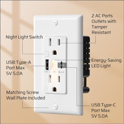 Tamper Resistant Type C USB Outlet 15A Wall Outlet With Night Light 0.2W
