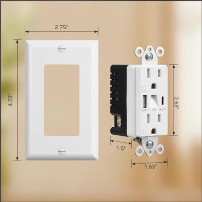 Tamper Resistant Type C USB Outlet 15A Wall Outlet With Night Light 0.2W