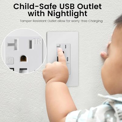 QC / PD 20W Night Light Outlets 20A USB Wall Outlets With 0.2W Power Night Light
