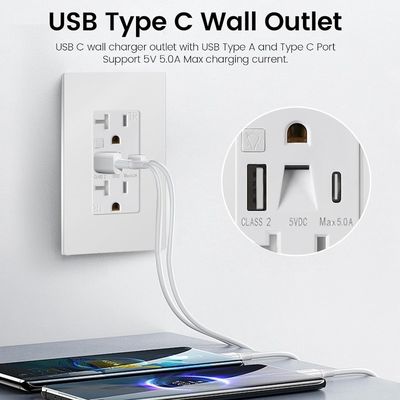 QC / PD 20W Night Light Outlets 20A USB Wall Outlets With 0.2W Power Night Light