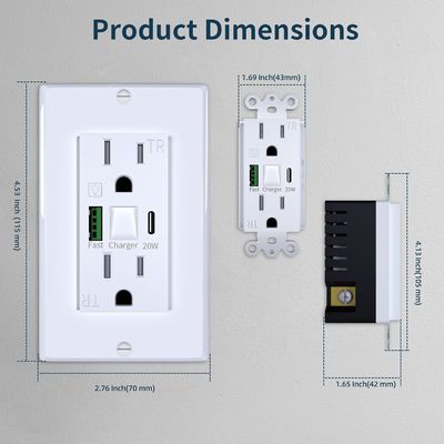 Tamper Resistant Night Light USB Outlet 125V 15A USB Receptacle With Night Light PD3.0 Fast Charger