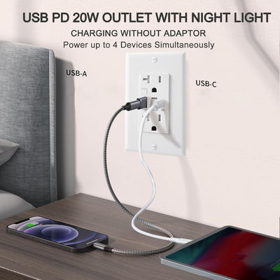 Plastic USB Type C Wall Outlet Warm White Wall Outlet Night Lights 20A 125V