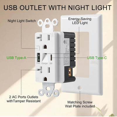 Plastic USB Type C Wall Outlet Warm White Wall Outlet Night Lights 20A 125V