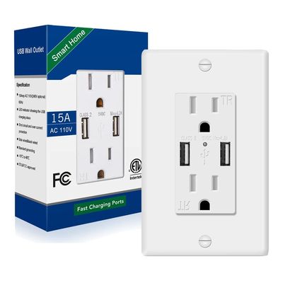 PC ABS Secure Type USB Socket Wall Outlet 15A 125V AC 60Hz USB A Outlet