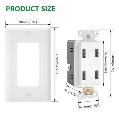 Wall Mounted 4 Port USB Outlet 125V AC 60Hz USB Wall Mounted Socket