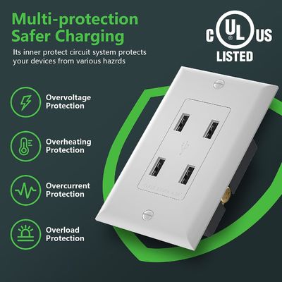 Wall Mounted 4 Port USB Outlet 125V AC 60Hz USB Wall Mounted Socket