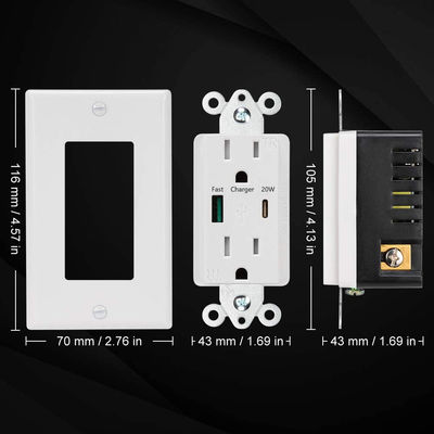 QC3.0 PD3.0 Fast Charing USB Wall Outlet AC125V 60Hz USB C PD Socket