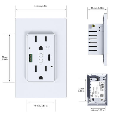 15A 125V Smart Socket Customized Wifi Controlled Power Outlet With PD20W Fast Charging