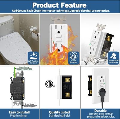 15A 125V 60Hz GFCI Power Outlet Self Grounding Wall Safe Socket