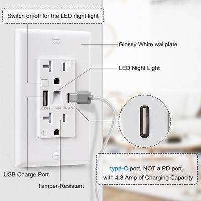 5V 4.8A Wall Mounted Outlets Tamper Resistant Night Light Electrical Outlet