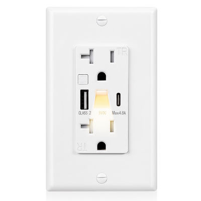 QC / PD 20W Night Light Outlets 20A USB Wall Outlets With 0.2W Power Night Light