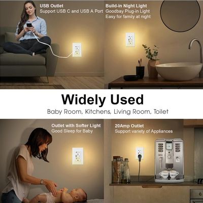 QC / PD 20W Night Light Outlets 20A USB Wall Outlets With 0.2W Power Night Light