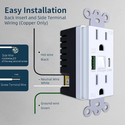 Tamper Resistant Night Light USB Outlet 125V 15A USB Receptacle With Night Light PD3.0 Fast Charger