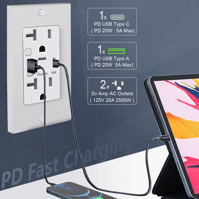 Plastic USB Type C Wall Outlet Warm White Wall Outlet Night Lights 20A 125V
